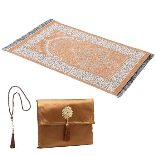 BUTORY Weiche Taschengebetsmatte mit Perle und Beutelklappbares Quasten Dekor tragbare Gebet Teppich zum Ausgehen aus Reisen Gebrauch(golden,1 Set) von BUTORY