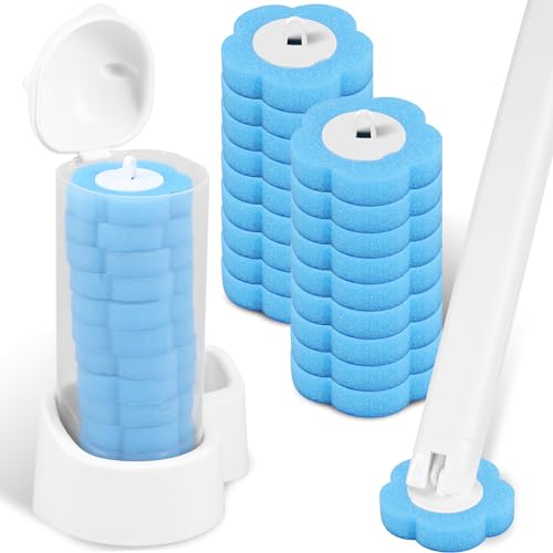 Einweg-ToilettenbüRste 4er Set VerläNgertem Griff Und Halter Toilettenstab Kit Mit 18 StüCk Reiniger NachfüLlungen Schwamm Wc-BüRsten FüR Badezimmerreinigung Waschbecken Badewanne (Weiß) von BUTORY