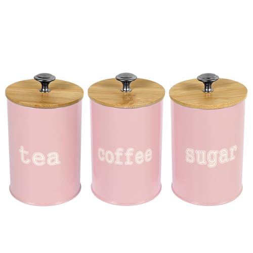 Kaffee Zucker Tee Dose Set Kaffeebohnen Behälter Set Mit Bambusbezug Kaffeebohnen Behälter Luftdicht Rundes Küchengefäß aus Metall 3-teiliges Mit Etikett Vorratsdosen für Tee Zucker Kaffee (Rosa) von BUTORY