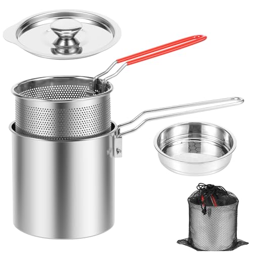 Mini-Fritteuse aus 304 Edelstahl mit Deckel und Sieb, Fritteuse für 1 Person, mit Korb und abnehmbarem Griff, kleine japanische Sparfritteuse für Pommes, Fisch, Hühnerflügel (1) von BUTORY