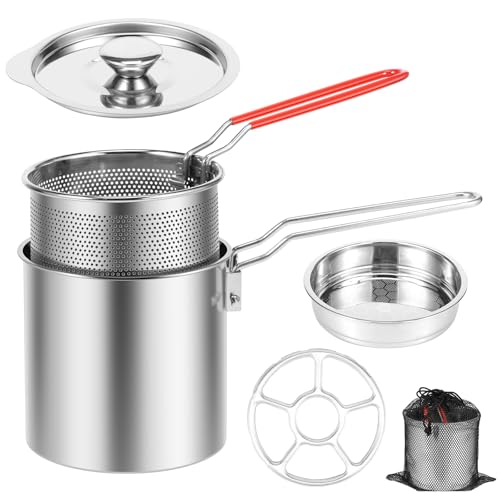 Mini-Fritteuse aus 304 Edelstahl mit Deckel und Sieb, Fritteuse für 1 Person, mit Korb und abnehmbarem Griff, kleine japanische Sparfritteuse für Pommes, Fisch, Hühnerflügel (2) von BUTORY