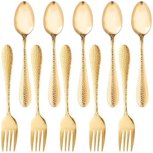 kinderbesteck Edelstahl Kindergabel und Kinderlöffel Set mit Hammergriff Kindergabel und Kinderlöffel Set ab 2 Jahre Ungiftig Gesund Spiegelfinish Spülmaschinenfest (10, Gold) von BUTORY