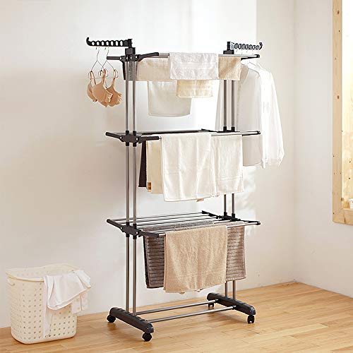 BUTUN Wäscheständer Turm, Wäscheständer mit Klappflügeln und Rollen, Verstellbare Schichten, Platzsparender Turm-Wäscheständer, Drying Rack (75 * 64 * 170cm Grau und Silber) von BUTUN