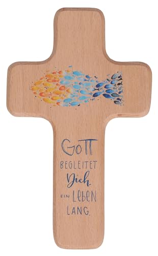 Butzon & Bercker Kinderholzkreuz - Gott begleitet dich ein Leben lang. Wandkreuz aus Buchenholz unlackiert mit farbigem Aufdruck und Segenswünschen. Lieferung in Geschenkverpackung Format 18 x 11 cm von BUTZON & BERCKER