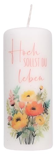 Stumpenkerze zum Geburtstag - Hoch sollst du leben. Wunderschöne Geburtstagskerze mit buntem Blumenstrauß im Format Ø 6 x 15 cm. Brenndauer ca. 45 Stunden. Ideal als Tischdeko oder Geschenk von Butzon & Bercker