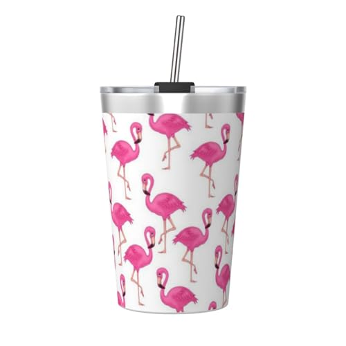 340 ml rosa Flamingo-Thermoskanne mit konischem Strohhalm, Edelstahl-Isolierbecher mit Deckel für heiße und kalte Getränke, Kaffeetassen, Strohbecher mit Deckel, Auto-Trinkhalm-Becher. von BUULOO
