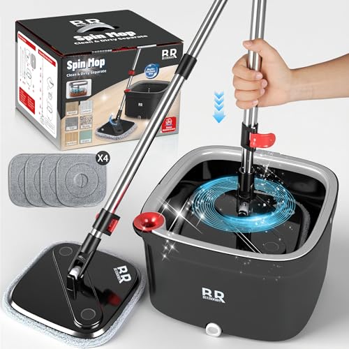 Spin Mop Eimer Set mit Spin 360° Auswringer und 4 Mikrofaser-Mopp-Pad-Köpfen, Teleskop-Griff mit Schleudern, Trockenreinigung, Caddy Set, Mikrofaser, Hausreinigung, sauberer Boden von BUUROOHM
