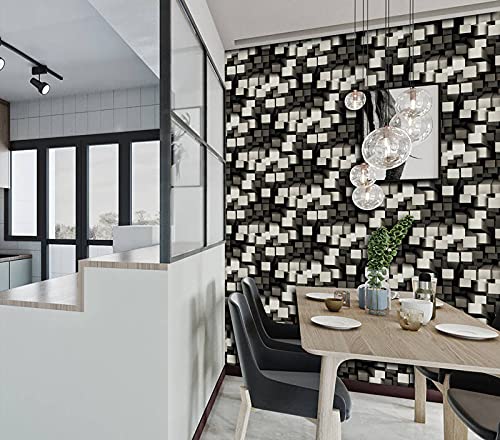 BUVU Vinyltapete 53x1000cm Schwarz Weiß, moderne Loft Design, moderne 3D Optik für Wohnzimmer, Schlafzimmer oder Küche von BUVU
