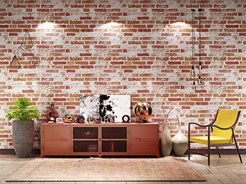 BUVU Vinyltapete 53x1000cm Steintapete Rot Weiß Rustikal Natur Stein, schöne edle Tapete im Steinmauer Loft Design, moderne 3D Optik für Wohnzimmer, Schlafzimmer oder Küche von BUVU