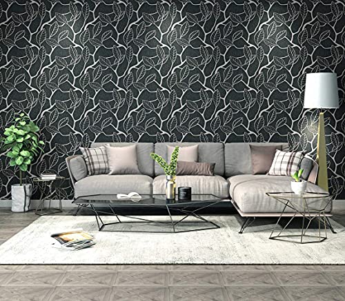 BUVU tapete 0.53x10m Vinyl Blumentapete, Floral Blätter Design Blumendekor, modernes Design, Loft Style, Abwaschbare, Schwarz von BUVU