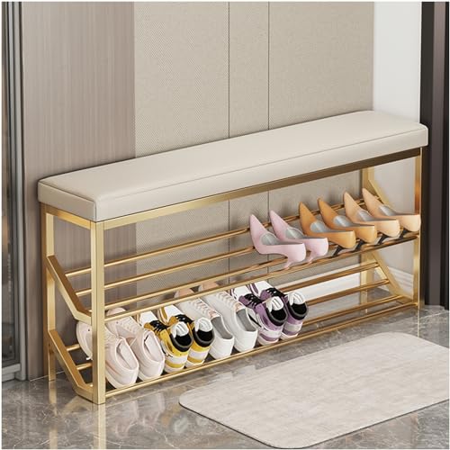 BUXTOM Schuheingangsbank,2-stöckige Schuhbank mit Sitz, Eingangsbank, Aufbewahrungsregale aus Metall, Schuhständer, Schuhregal-Organizer für den Flur,Gold+Off White,80cm von BUXTOM