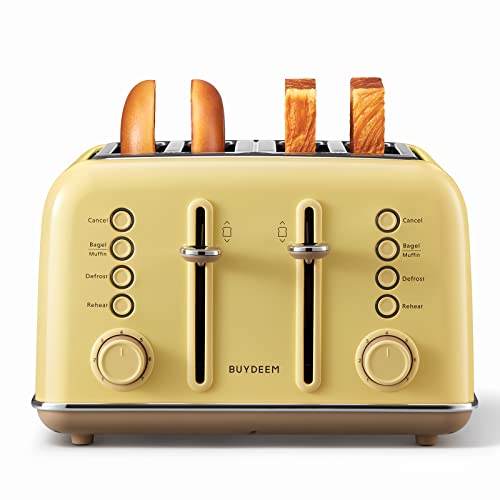 BUYDEEM 4-Slice Retro Toaster, Extra Wide Slots, Stainless Steel with High Lift Lever, Bagel and Muffin Function, Removal Crumb Tray, 7 Toast Shade Settings - Mellow Yellow von BUYDEEM