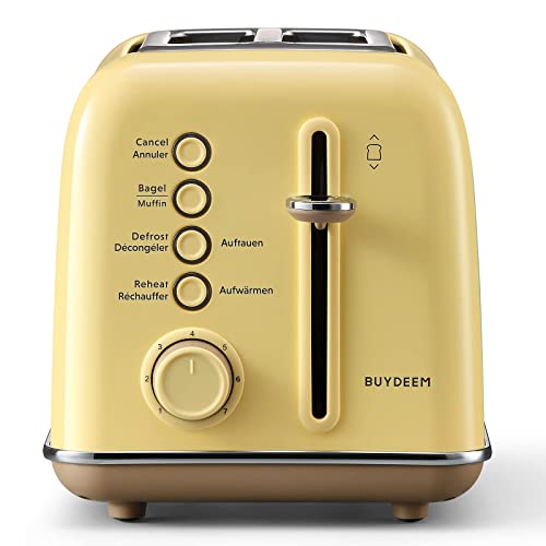 BUYDEEM DT620E Retro Toaster 2 Slices,Stainless Steel,7 Browning Levels for Bread,Sandwich,Bagel,Muffin,Defrost & Reheat Function,Removable Crumb Tray,900Watt,Mellow Yellow von BUYDEEM