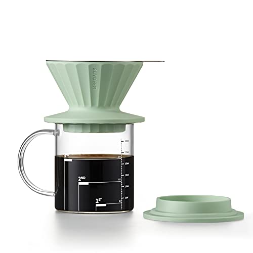 BUYDEEM Pour Over Kaffeemaschine, CD1024B, BPA frei Lebensmittelqualität Silikon Kaffee Tropfer Set, wiederverwendbare Edelstahl Kaffeefilter für einzelne Tasse, 12 oz, gemütlich grünlich von BUYDEEM