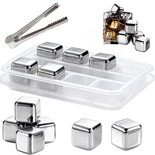 8 Stück Whisky Steine Edelstahl Eiswürfel 304 Eiswürfelform wiederverwendbar Eiswürfel Clip+Box Edelstahls-Kühlsteine Edelstahl Eiswürfelbox Eingefroren Eiswürfelbehälter Kühlsteine für Whisky Gin Rum von BUYGOO