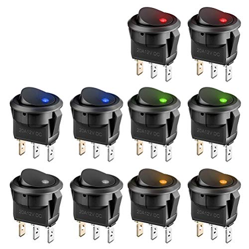 BUYGOO 10PCS Wippschalter 12V Rund Kippschalter KFZ Schalter 12V beleuchtet, DC 12V 20A LED Auto Wippschalter KFZ EIN Aus Schalter 3 Polig mit 5 LED Farbe von BUYGOO