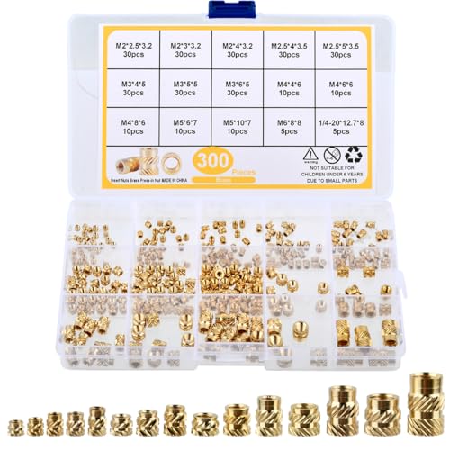 BUYGOO 300 Stück Gewindeeinsatz, M2 M2.5 M3 M4 M5 M6 Einpressmuttern, Messing Gewindebuchsen, Innengewinde Rändelmuttern mit Sortierbox, Einschmelzgewinde, für 3D Druckteile Laptop Kunststoffteile von BUYGOO