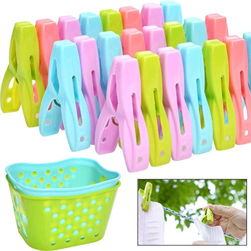 BUYGOO Wäscheklammern mit Wäschekorb 72er Set - Windfeste Wäscheklammern aus stabilem Kunststoff mit Soft-Grip & breiter Fläche zum Zudrücken in 4 Farben, Klammern für Wäscheleine oder Wäscheständer von BUYGOO