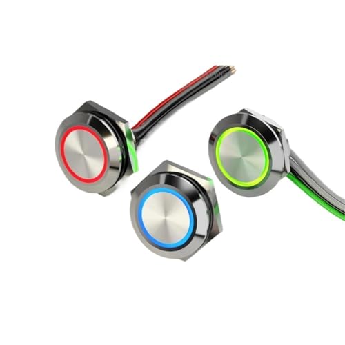 Edelstahl-Druckknopfschalter mit kurzem Hub und selbstrückstellender Momentanberührung, 19 mm, Aufzugsknopf(Tail with connector,GREEN_12V24V) von BUYND