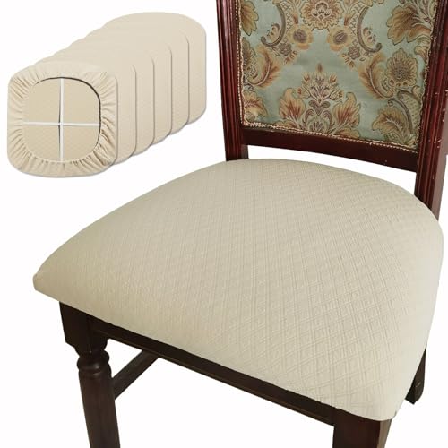 BUYUE Esszimmer Stuhl Hussen Satz von 4, Luxus Jacquard-Stoff Stretch waschbar Slipcover für Küche Sitzabdeckungen, beige-6 Stück von BUYUE