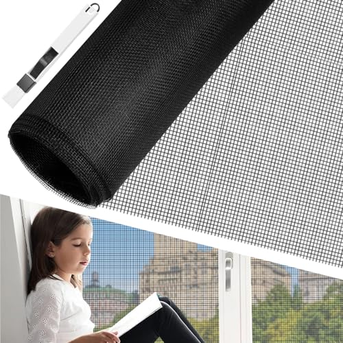 BUZIFU Fliegengitter Meterware, Fiberglas-Fliegengitter Gewebe, 100 x 250 cm, Insektenschutz Gaze Fenster Mesh mit Fensterputzbürste, Schutz gegen Mücken, UV-beständig für Fenster und Türen (Schwarz) von BUZIFU