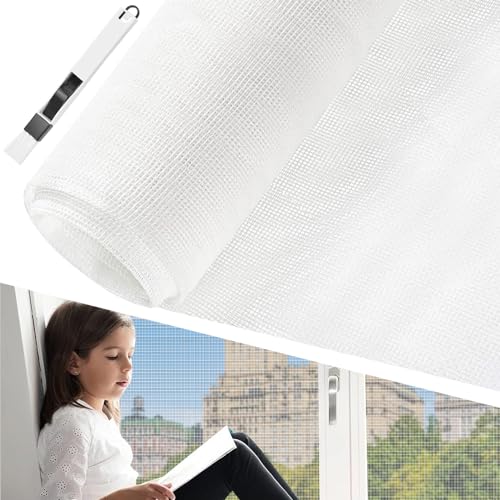 BUZIFU Fliegengitter Fenster 100 x 250 cm Insektenschutz Meterware Fiberglas-Fliegengitter Gewebe Fliegenvorhang Moskitonetz mit Fensterputzbürste, Schutz gegen Mücken für Fenster und Türen (Weiß) von BUZIFU