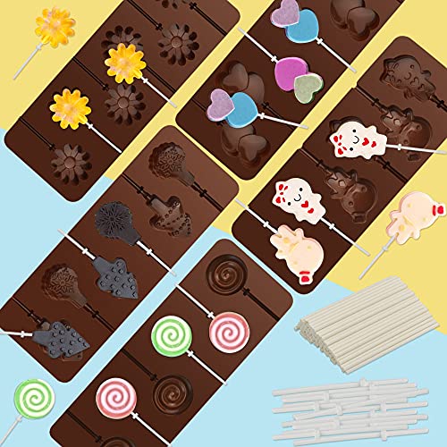 BUZIFU 5 Stück Lollipop Schokolade Silikonform mit 6 Löchern Silikon Lutscher Formen DIY Süßigkeiten Schimmel Silikon-Backform und 100 Lollypop Sticks für Süßigkeiten Kuchen Schokolade Gelee Backen von BUZIFU