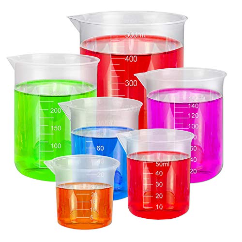 BUZIFU 6 Stück Messbecher Plastik, Transparent Labor Messbecher Set Kunststoff Labs Becher mit Skala 25ml 50ml 100ml 150ml 300ml 500ml Labor Messbecher Werkzeuge für Flüssigkeit von BUZIFU