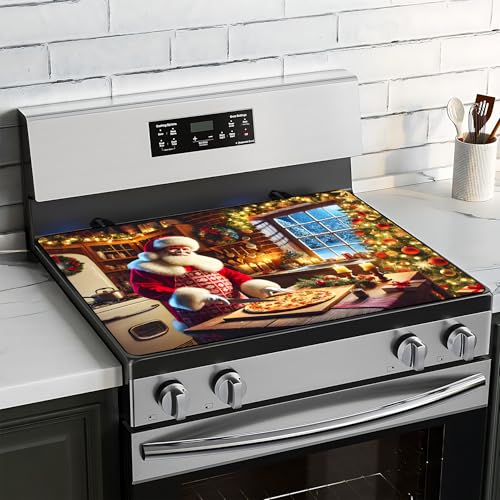 BVBOX Herdabdeckplatte für Elektroherd, 71,1 x 50,8 cm, Glas-Herdabdeckplatten für Gas, waschbar, dekorative Herdschutzmatte für Zuhause, Küche (Weihnachtsmann-Pizza, 71,1 x 50,8 cm) von BVBOX
