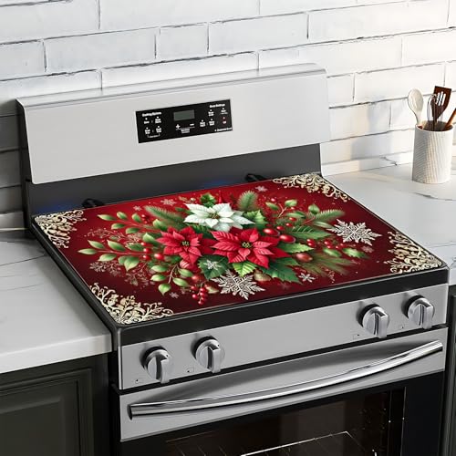 BVBOX Herdabdeckplatte für Elektroherd, 71,1 x 50,8 cm, Glas-Herdabdeckplatten für Gas, waschbar, dekorative Herdschutzmatte für Zuhause, Küche (Weihnachtsstern, 71,1 x 50,8 cm) von BVBOX