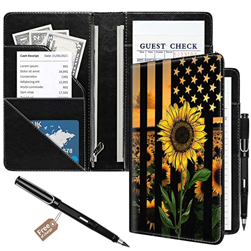 Server Book for Waitress/Waiter with Everlasting Pencil, 7 Pockets PU Leather Server Wallet Cute Booklet with Zipper Pocket, Waitstaff Accessories Fit for Server Apron, Flag Sunflower von BVCLKJPOI