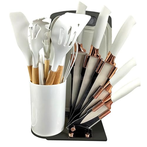 Küchenmesser Set 19-in-1, Küchenutensilien Set und Messer Set mit Block, schließen 11-PCS Silikon Kochutensilien Set 5 PCS Scharfe Edelstahl Kochmesser Schere und Schneidebrett ein (Beige) von BVI BOOMERVIVI