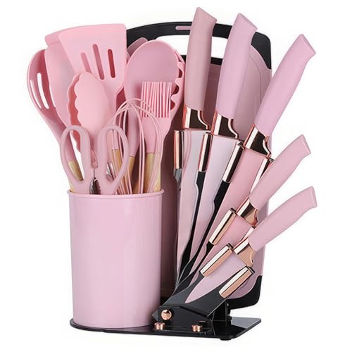 Küchenmesser Set 19-in-1, Küchenutensilien Set und Messer Set mit Block, schließen 11-PCS Silikon Kochutensilien Set 5 PCS Scharfe Edelstahl Kochmesser Schere und Schneidebrett ein (Rosa) von BVI BOOMERVIVI