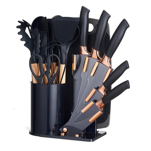 Küchenmesser Set 19-in-1, Küchenutensilien Set und Messer Set mit Block, schließen 11-PCS Silikon Kochutensilien Set 5 PCS Scharfe Edelstahl Kochmesser Schere und Schneidebrett ein (Schwarz) von BVI BOOMERVIVI