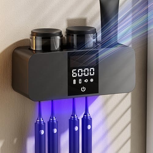 UV Zahnbürstenhalter Sterilisator, Elektrische Zahnbürstenhalter mit 4 Zahnbürstenschlitzen und 2 Zahnputzbecher, Zahnbürsten Organisator mit Trocknungsfunktion für Kinder und Erwachsene(Schwarz) von BVI BOOMERVIVI