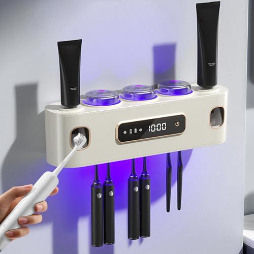 UV Zahnbürstenhalter Sterilisator, Elektrische Zahnbürstenhalter mit Trocknungsfunktion, Multifunktionaler Zahnbürstenhalter mit 2 Zahnpastaspender für Kinder und Erwachsene (Beige) von BVI BOOMERVIVI