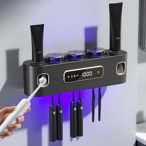 UV Zahnbürstenhalter Sterilisator, Elektrische Zahnbürstenhalter mit Trocknungsfunktion, Multifunktionaler Zahnbürstenhalter mit 2 Zahnpastaspender für Kinder und Erwachsene (Grau) von BVI BOOMERVIVI