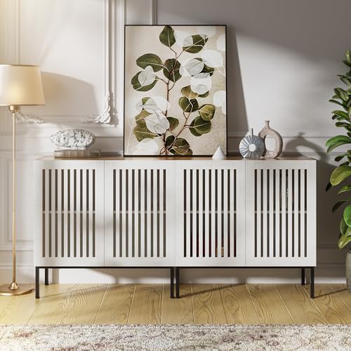 BVIUNTWO Set mit 2 weißen Bauernhaus-Buffetschrank mit Stauraum, Metallsockel, Konsolentisch mit verstellbaren Regalen und 4 Türen, antikes weißes Sideboard für Küche, Esszimmer, Wohnzimmer von BVIUNTWO