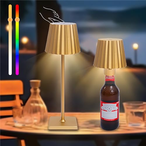 2 In1 Flaschenlampe Aufsatz LED, Tischlampe Kabellos Flaschenlampe Dimmbare IP54 Kabellose Touch Tischlampe, 3 Color+RGBW Touch Flaschenlicht Für Innen Und Außen Restaurant & Bar (B, Gold) von BVJKHQ