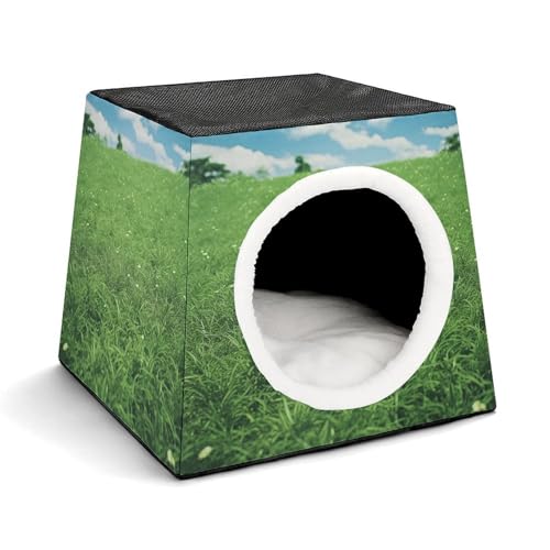 Leichte Reisebox Hundehütte Indoor & Outdoor Grün Rasen Gedruckt Indoor Hundehaus mit waschbarem Plüschkissen Geeignet für Hunde & Katzen von BVKWNTSA