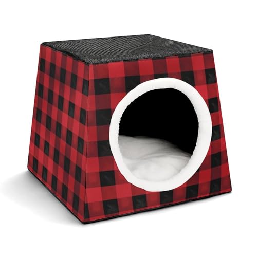 Leichte Reisebox Hundehütte Indoor & Outdoor Rot Schwarz Büffel Karo Karo Muster Bedruckte Indoor Hundehütte mit waschbarem Plüschkissen Geeignet für Hunde & Katzen von BVKWNTSA