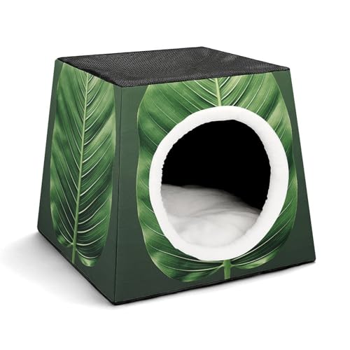 Leichte Reisebox Hundehütte Indoor & Outdoor Sommer Tropisches Blatt Gedruckt Indoor Hundehütte mit waschbarem Plüschkissen Geeignet für Hunde & Katzen von BVKWNTSA