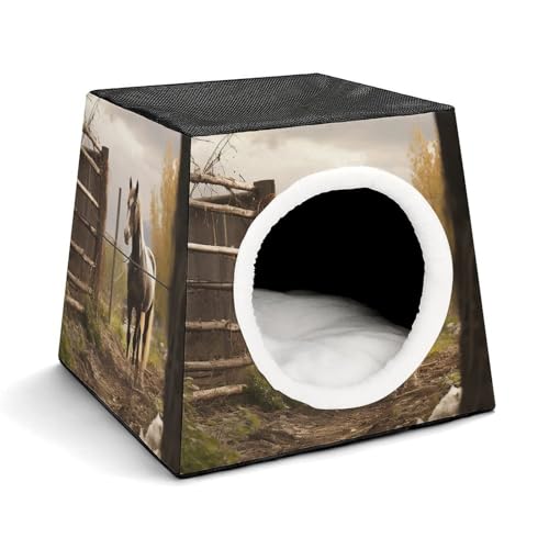 Leichte Reisebox Hundehütte Indoor & Outdoor Zaun und Pferd Bedruckte Indoor Hundehütte mit waschbarem Plüschkissen Geeignet für Hunde & Katzen von BVKWNTSA