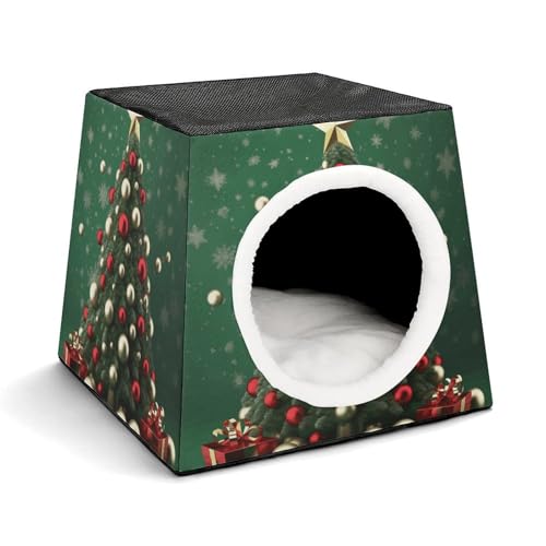Leichte Reisebox Zwinger Indoor & Outdoor Runde Kugel Weihnachtsbaum Bedruckte Indoor Hundehütte mit waschbarem Plüschkissen Geeignet für Hunde & Katzen von BVKWNTSA