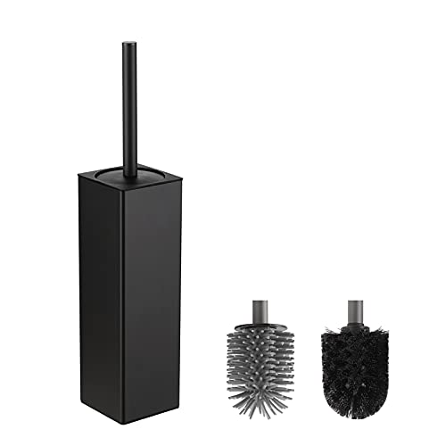 BVL WC Bürsten & Halter Schwarz, Metall Toilettenbürste Inklusive 2 Bürstenköpfe, Freistehende Quadratisch Silikon Toilettenbürste für das Badezimmer von BVL