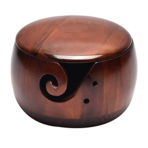 BVMKNI Garnschale aus Holz, Garnschalen mit Deckel for Stricken, Häkeln, Garnhalter, handgefertigte Garnaufbewahrungsschale, Dunkles Holz von BVMKNI