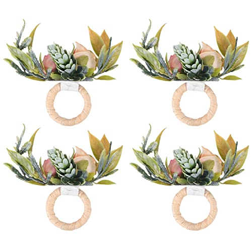 Serviettenringe mit doppelter Rose, 4er-Set, rosa Blumen-Serviettenringe mit Beeren und handgefertigten Serviettenringhaltern von BVMKNI