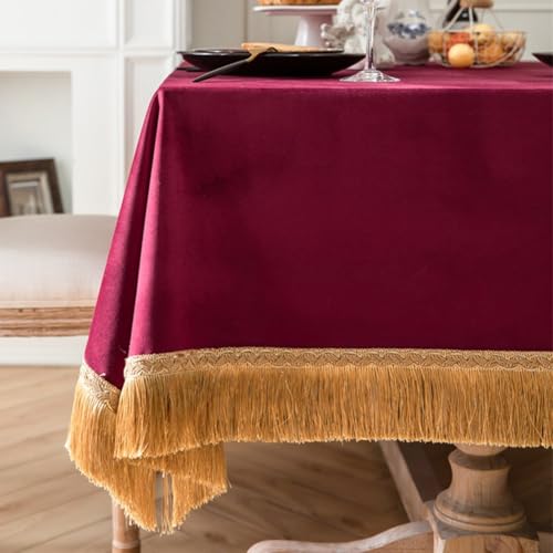 Tischdecke, Dicke Samttischdecke, rechteckige Tischdecke mit Quaste, Heimdekoration, Hochzeit, Party, Bankett und Veranstaltung, Samttischdecke (Weinrot)(Claret) von BVMKNI