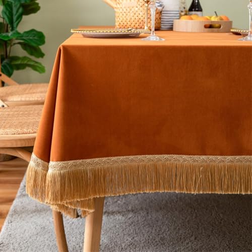 Tischdecke, Dicke Samttischdecke, rechteckige Tischdecke mit Quaste, Heimdekoration, Hochzeit, Party, Bankett und Veranstaltung, Samttischdecke (Weinrot)(Orange) von BVMKNI