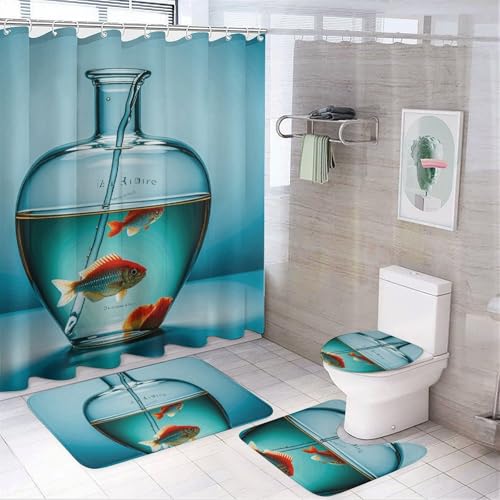 BVNMT Instruments of Water and Fish 4-teiliges Badezimmer-Duschvorhang-Set: Duschvorhang, Teppich und Toilettensitzbezug, wasserdicht und rutschfest von BVNMT